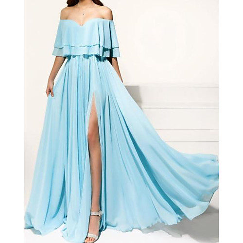 

A-Line Empire Elegant Wedding Guest Formal Evening Dress Off Shoulder Sleeveless Floor Length Chiffon with Pleats Ruffles Split 2021