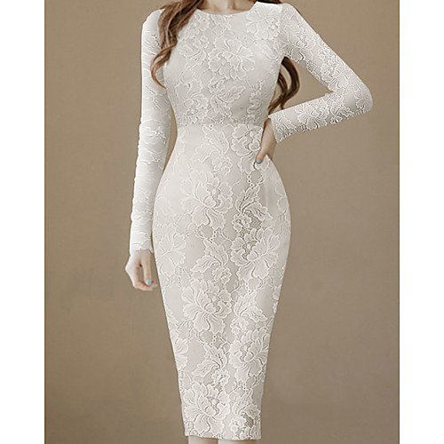 

Sheath / Column Elegant Floral Graduation Prom Valentine's Day Dress Jewel Neck Long Sleeve Knee Length Lace with Appliques 2021