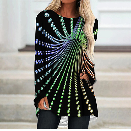 

Women's T Shirt Dress Tee Dress Short Mini Dress Black Long Sleeve Polka Dot Print Color Block Print Fall Spring Round Neck 3D Print Casual 3D Print S M L XL XXL 3XL