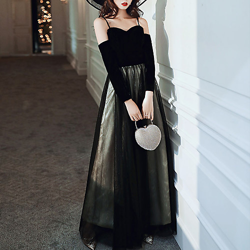 

A-Line Color Block Sexy Wedding Guest Formal Evening Dress Spaghetti Strap Long Sleeve Floor Length Tulle with Pleats 2021