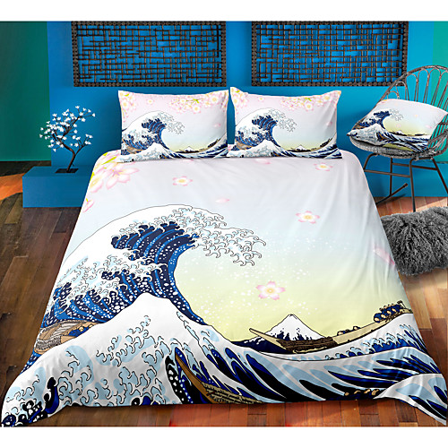 

ukiyo series wave print 3-piece duvet cover set hotel bedding sets comforter cover with soft lightweight microfiber, include 1 duvet cover, 2 pillowcases for double/queen/king(1 pillowcase for