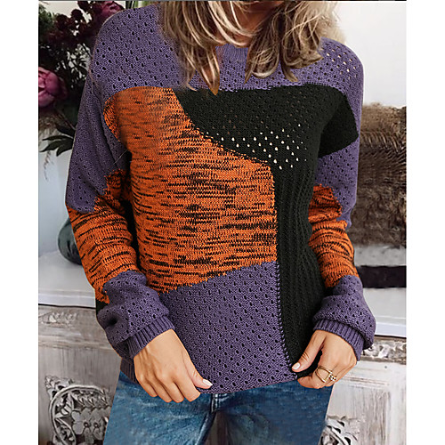 

Women's Basic Knitted Color Block Pullover Acrylic Fibers Long Sleeve Sweater Cardigans Crew Neck Fall Winter Navy Blue