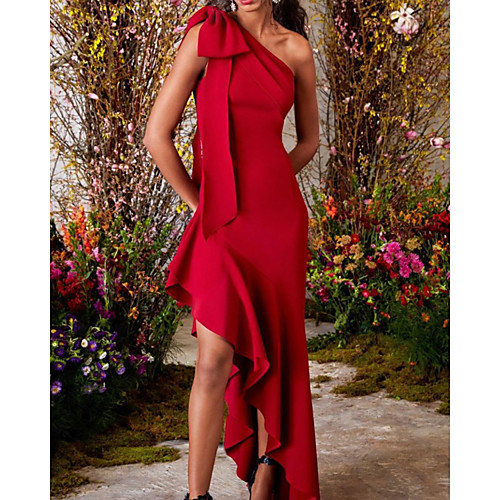 

Sheath / Column Minimalist Sexy Engagement Formal Evening Dress One Shoulder Sleeveless Asymmetrical Satin with Bow(s) 2021