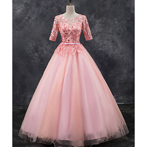 

Ball Gown Beautiful Back Floral Quinceanera Prom Dress Illusion Neck Half Sleeve Floor Length Tulle with Bow(s) Pleats 2021