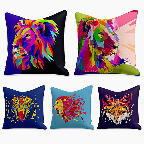 

5 pcs Linen Pillow Cover, Animal Simple Casual Square Polyester Traditional Classic