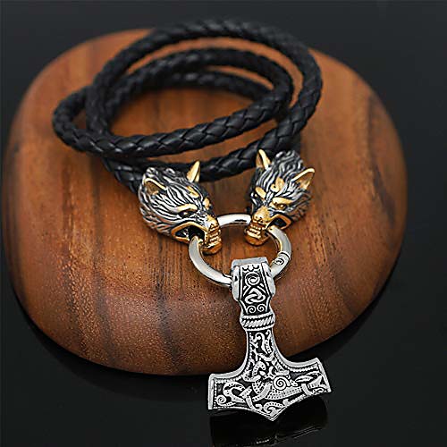 

Viking Thor's Hammer Necklace, Vintage Norse Mythology Mjolnir Amulet Pendant, Men Handmade Braided Leather Wolf Head Chain Jewelry,Silver,55CM