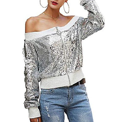 

Women's Jacket Sports Sporty Sequins Fall Jacket Regular Causal Long Sleeve Polyester Coat Tops Silver