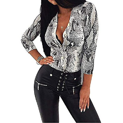 

Women Snakeskin Shirt Long Sleeve V-Neck Button Down Blouse Tops (L1, S)
