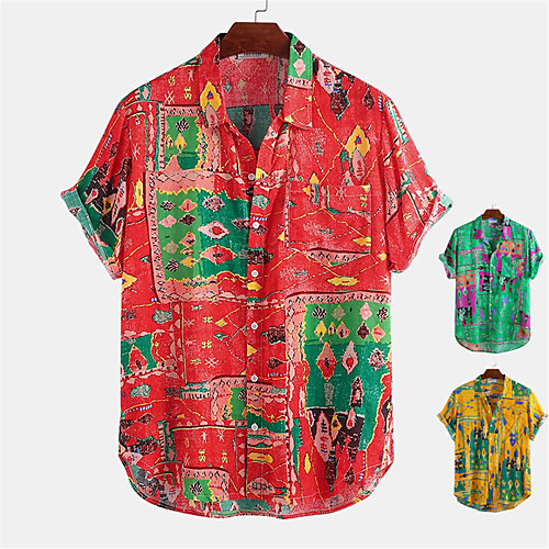 

Men's Shirt Other Prints Graphic Button-Down Print Short Sleeve Daily Tops Ethnic Style Casual Red Yellow Green
