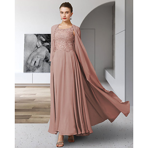 

Two Piece A-Line Mother of the Bride Dress Elegant Jewel Neck Ankle Length Chiffon Lace Sleeveless with Pleats Appliques 2021