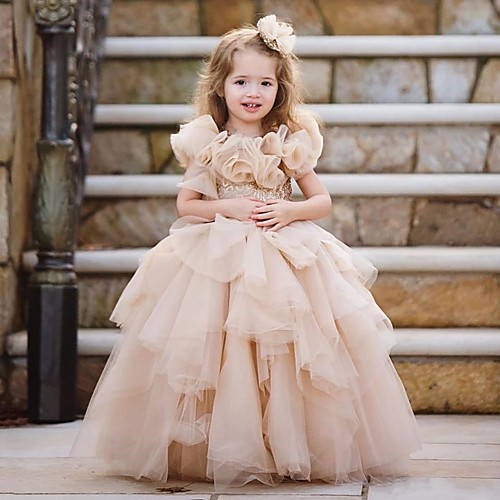 

Princess / Ball Gown Floor Length Wedding / Party Flower Girl Dresses - Lace / Tulle Sleeveless Jewel Neck with Tier / Appliques