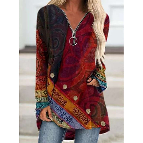 

Women's T shirt Dress Tunic T shirt Bohemian Style Long Sleeve Print Round Neck Tops Basic Basic Top Blue Red Yellow