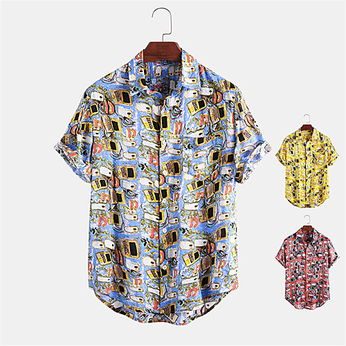 

Men's Shirt Other Prints Graphic Cartoon Button-Down Print Short Sleeve Daily Tops Casual Hawaiian Blue Red Yellow