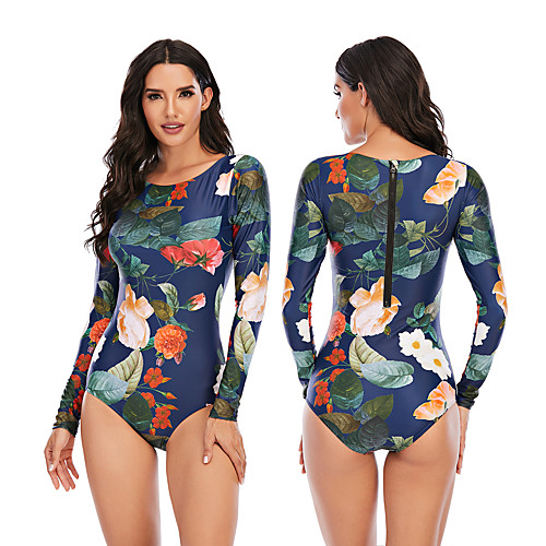 

Women's One Piece Swimsuit Rash Guard Elastane Swimwear Breathable Quick Dry Long Sleeve Back Zip - Swimming Surfing Water Sports Painting Autumn / Fall Spring Summer