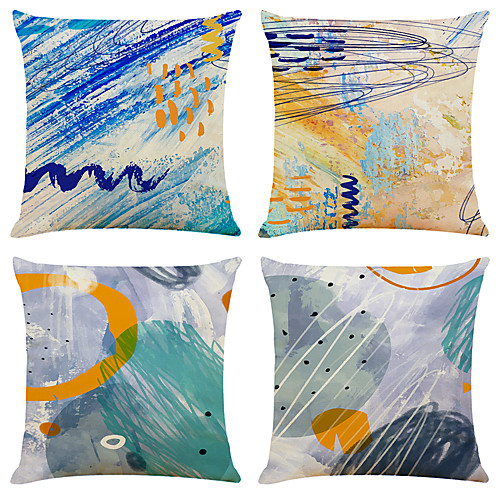 

4 pcs Linen Pillow Cover, Print Simple Classic Square Zipper Traditional Classic