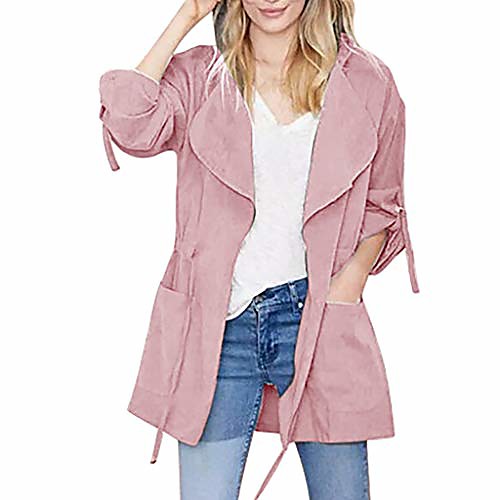 

Women's Jacket Solid Color Drawstring Casual Fall Notch lapel collar Coat Long Causal Long Sleeve Polyester Coat Tops Pink