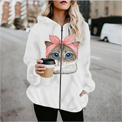 

Women's Print Patchwork Active Spring & Fall Hoodied Jacket Regular Sports Long Sleeve Cotton Blend Coat Tops White