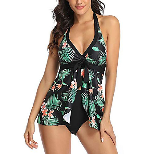 

Damen Badenanzug mit Slips Tankini Set Bauchweg Bademode Große Größen Zweiteiler Swimsuits,2-Schwarzblume,S