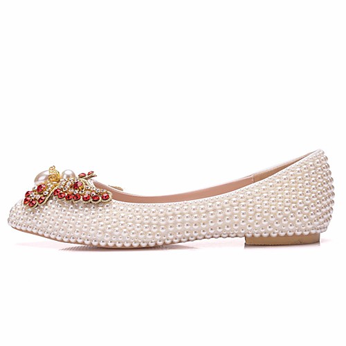 

Women's Wedding Shoes Flat Heel Pointed Toe Wedding Flats Vintage Sexy Minimalism Wedding Party & Evening PU Bowknot Pearl Sparkling Glitter Solid Colored White Beige