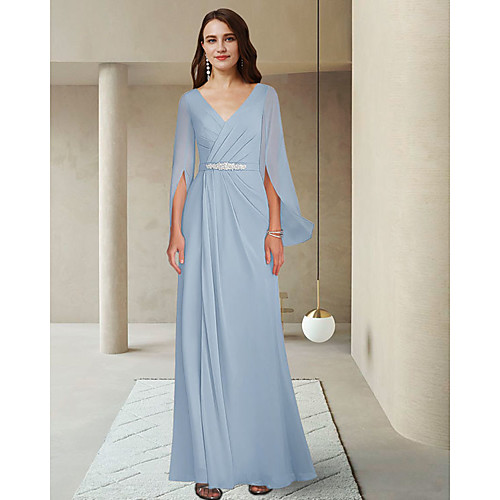 

Sheath / Column Mother of the Bride Dress Elegant V Neck Ankle Length Chiffon Long Sleeve with Crystal Brooch Ruching 2021