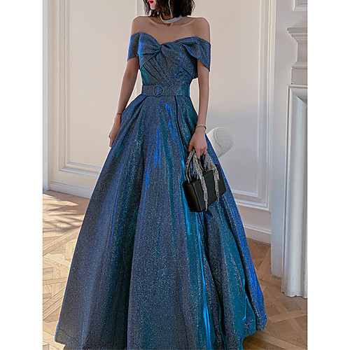 

A-Line Beautiful Back Sparkle Prom Formal Evening Dress Off Shoulder Sleeveless Floor Length Sequined with Sash / Ribbon Pleats Sequin 2021