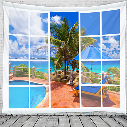 

Window Landscape Wall Tapestry Art Decor Blanket Curtain Hanging Home Bedroom Living Room Decoration Window Sea Ocean Beach Swimming Pool Coconut Tree