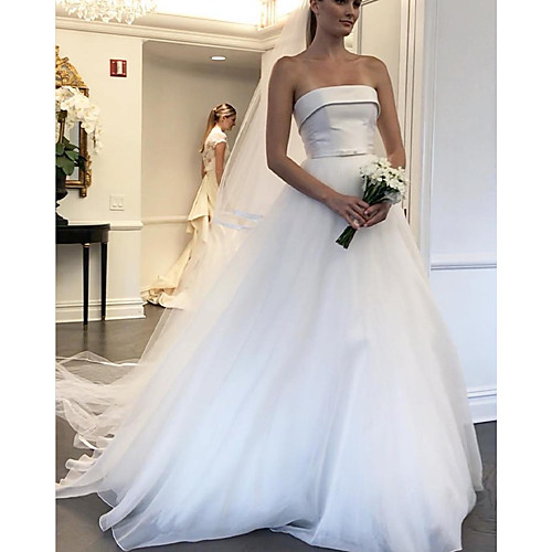 

A-Line Wedding Dresses Strapless Floor Length Satin Tulle Sleeveless Country Simple with Pleats 2021