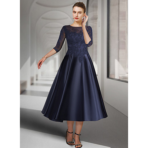 

A-Line Mother of the Bride Dress Elegant Jewel Neck Tea Length Lace Satin 3/4 Length Sleeve with Pleats Appliques 2021