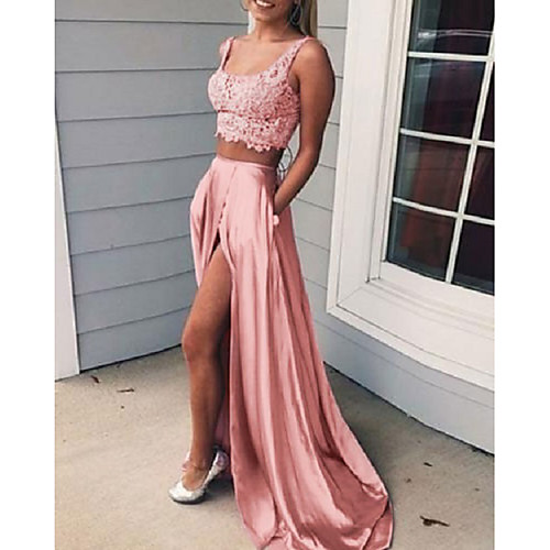 

Two Piece Hot Sexy Wedding Guest Prom Dress Scoop Neck Sleeveless Sweep / Brush Train Satin with Split Lace Insert 2021