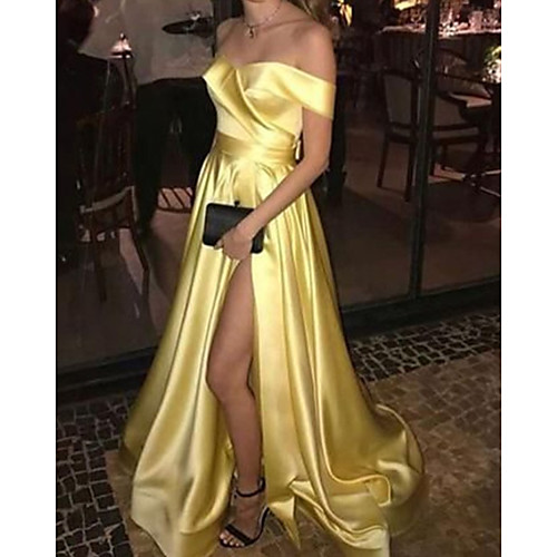 

A-Line Minimalist Sexy Wedding Guest Formal Evening Dress V Neck Sleeveless Sweep / Brush Train Satin with Split 2021