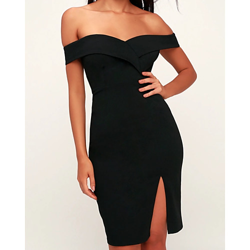 

Sheath / Column Minimalist Sexy Homecoming Cocktail Party Dress Off Shoulder Sleeveless Knee Length Satin with Split 2021