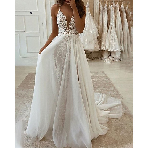 

A-Line Wedding Dresses V Neck Floor Length Lace Tulle Sleeveless Romantic Beach with Pleats Appliques 2021