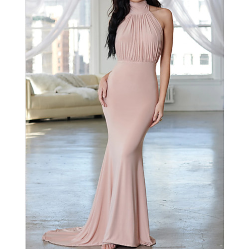 

Mermaid / Trumpet Beautiful Back Sexy Engagement Formal Evening Dress Halter Neck Sleeveless Sweep / Brush Train Spandex with Pleats 2021