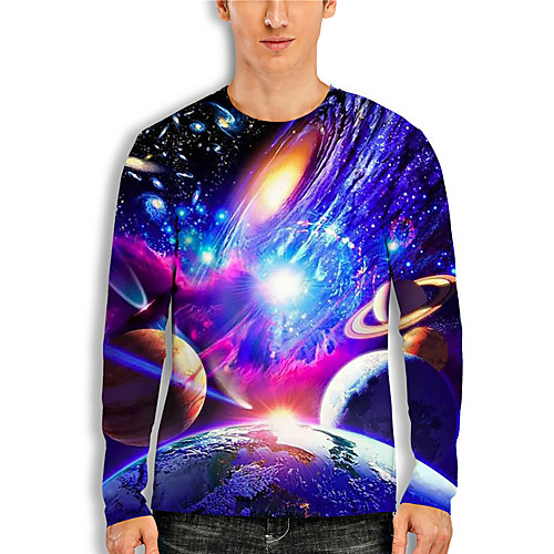 

Men's T shirt 3D Print Galaxy 3D 3D Print Long Sleeve Daily Tops Casual Blue