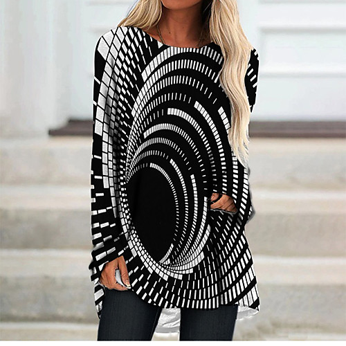 

Women's T Shirt Dress Tee Dress Short Mini Dress Black Long Sleeve Check Color Block Geometric Print Fall Spring Round Neck 3D Print Casual 3D Print S M L XL XXL 3XL