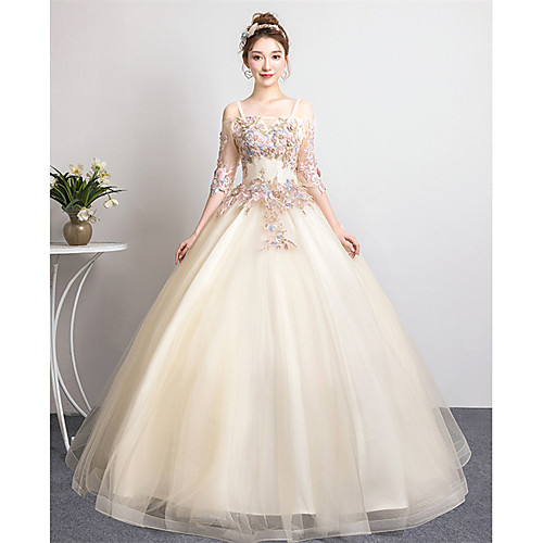 

Ball Gown Beautiful Back Floral Quinceanera Prom Dress Spaghetti Strap Half Sleeve Floor Length Tulle with Pleats Pearls Appliques 2021