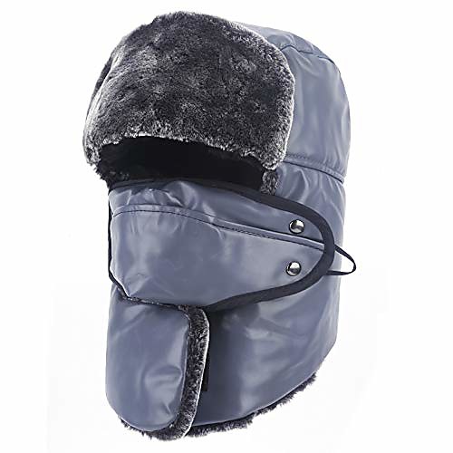 

Trapper Hat, Winter Ski Hats, Leather Warm Caps with Face Mask and Ear Flaps Gray