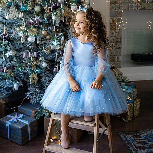 

Princess / Ball Gown Knee Length Wedding / Party Flower Girl Dresses - Tulle Long Sleeve Jewel Neck with Appliques