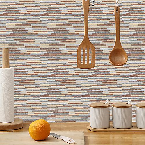 

imitation retro ceramic tile kitchen sticker waterproof and oilproof orange yellow striped flake self-adhesive decorative wall sticker 15cm30cm6pcs