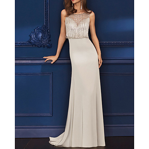 

Sheath / Column Glittering Sexy Engagement Formal Evening Dress Illusion Neck Sleeveless Sweep / Brush Train Italy Satin with Tassel 2021