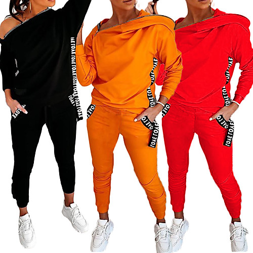 

zipper design letter print hooded top & pockets pants set, women tracksuit hooded sweatshirt pants sets (orange, l)