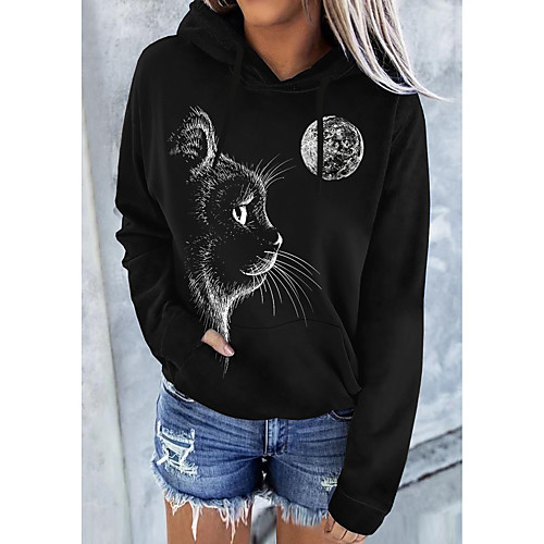 

Women's Pullover Hoodie Sweatshirt Cat Graphic Front Pocket Print Daily Other Prints Basic Casual Hoodies Sweatshirts Black