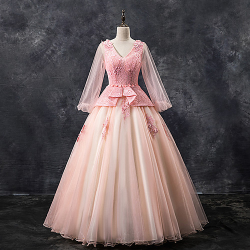 

Ball Gown Luxurious Peplum Quinceanera Prom Dress V Neck Long Sleeve Floor Length Tulle with Sash / Ribbon Appliques 2021