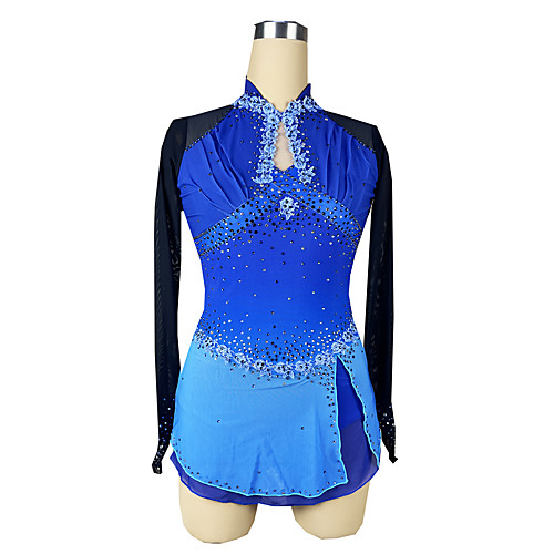 

Figure Skating Dress Women's Girls' Ice Skating Dress Blue Spandex High Elasticity Training Competition Skating Wear Patchwork Crystal / Rhinestone Long Sleeve Ice Skating Figure Skating / Kids