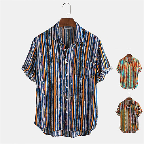 

Men's Shirt Other Prints Striped Button-Down Print Short Sleeve Daily Tops Casual Blue Yellow Green