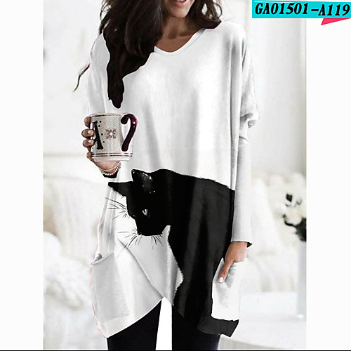 

Women's Shift Dress Short Mini Dress Long Sleeve Cat Animal Pocket Print Fall Spring Casual 2021 Light gray S M L XL XXL