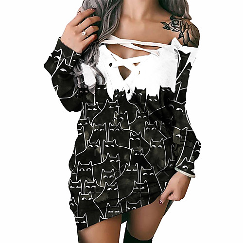 

Women's Shift Dress Short Mini Dress Long Sleeve Cat Animal Print Fall Spring 3D Print Casual 3D Print Black S M L XL XXL 3XL