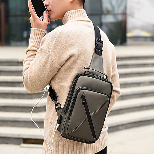 

men polyester multi-carry medium capacity with usb charging chest bag shoulder bag