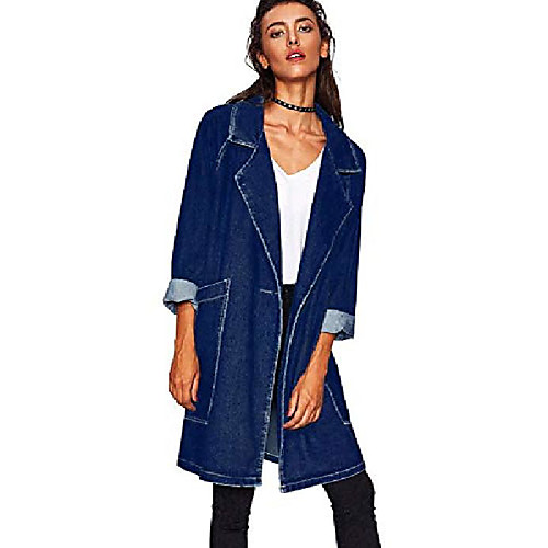 

Women's Notched Lapel Long Denim Blazer Jacket Coat (Free Size, Dark Blue)