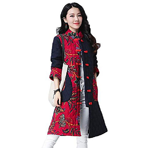 

Women's Floral Padded Cotton Jacket Ethnic Retro Midi Printed Coat Parkas (X-Small, Wine)